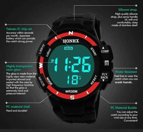 Orologio Digitale Unisex Honhx Rosso Nero Sportivo Gomma