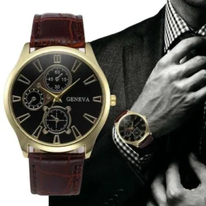 Orologio Uomo Geneva Elegante Finto Cuoio Dorato Coccodrillo