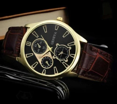 Orologio Uomo Geneva Elegante Finto Cuoio Dorato Coccodrillo