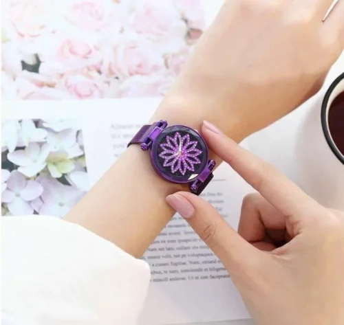 Orologio Donna Tondo Diamante Analogico Fashion Fiore Viola