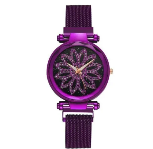 Orologio Donna Tondo Diamante Analogico Fashion Fiore Viola