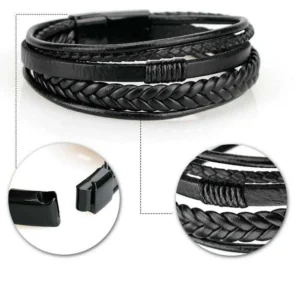 Bracciale Uomo Cuoio Pelle Nero Full Black Treccia Chiusura