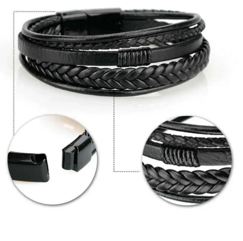 Bracciale Uomo Cuoio Pelle Nero Full Black Treccia Chiusura