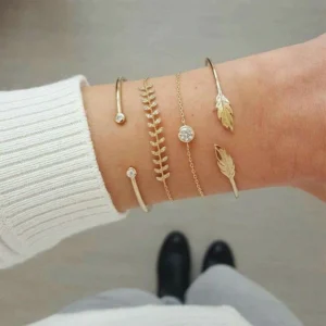 Bracciale Donna 4 Pezzi Lotto Dorati Foglie Strass Geometric