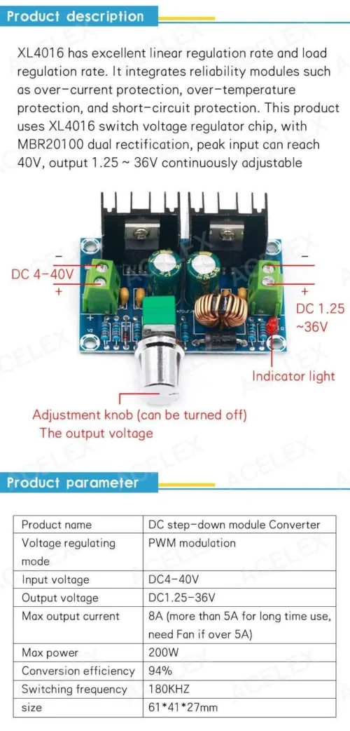 Step Down 8A 200W Convertitore Regolabile Dc-Dc 1.25V-36V