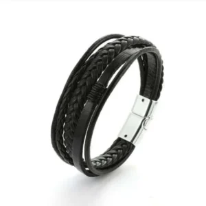 Bracciale Uomo Cuoio Pelle Nero Full Black Treccia Chiusura