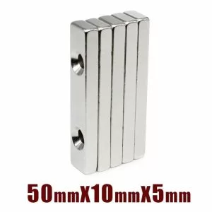 1 Pezzo Magnete Neodimio NdFeB N35 Misura 50x10x5mm con Doppio Foro da 5mm