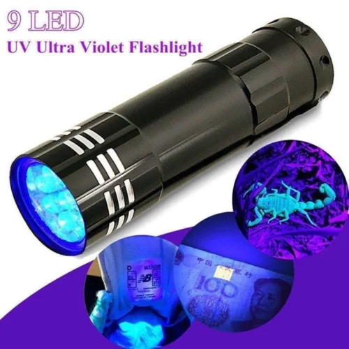 Luce MINI TORCIA UV ultra violetta 9 LED controllo banconote