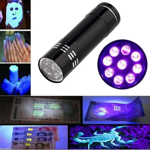 Luce MINI TORCIA UV ultra violetta 9 LED controllo banconote