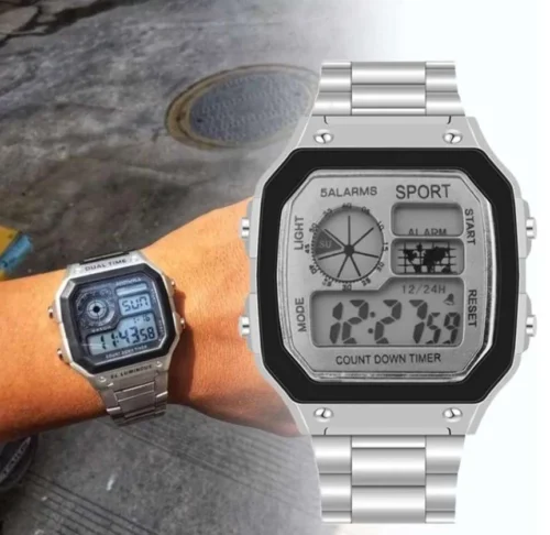 Orologio Digitale Stile Vintage Cronografo Waterproof Acciaio