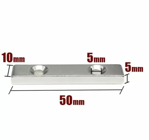 1 Pezzo Magnete Neodimio NdFeB N35 Misura 50x10x5mm Fori 5mm