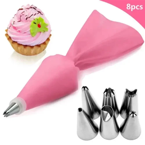 Sac a Poche E 8 Punte Per Pasticcere Rosa Riutilizzabile In Silicone