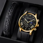 Set Orologio Sportivo Di Lusso GENEVA Nero e Oro e Bracciale Ecopelle