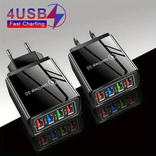 Caricabatterie USB 4 Porte Rapido USB 3.0 Quick Charge Nero 3.1A