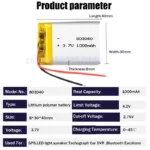 Batteria 803040 3.7V 1000mAh Ricaricabile ai Polimeri di Litio per DVR GPS