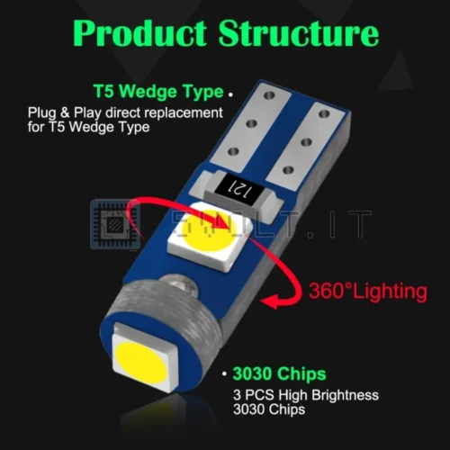2Pzi Lampade LED T5 W3W Canbus Luci Interne Bianco 121 3030
