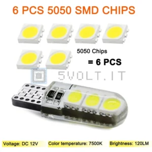 2Pzi Lampade LED T10 W5W Silicone Interni Bianco 7500K 6SMD
