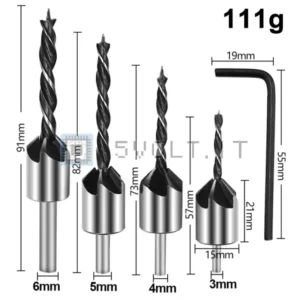 4pz Punte Trapano da Banco per Legno 3-6mm Alesatura