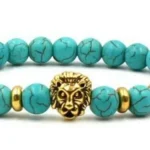 Bracciale Uomo Donna Turchese Azzurro Leone Dorato Perline