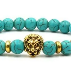 Bracciale Uomo Donna Turchese Azzurro Leone Dorato Perline