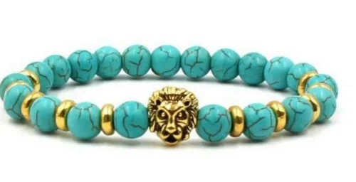 Bracciale Uomo Donna Turchese Azzurro Leone Dorato Perline