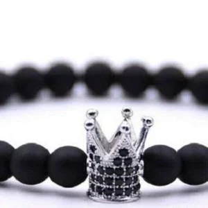 Bracciale Uomo Nero Pietra Naturale Corona Argentata Crown