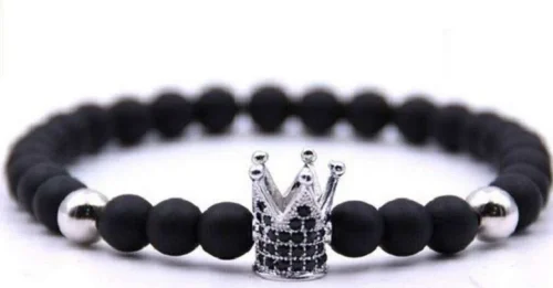 Bracciale Uomo Nero Pietra Naturale Corona Argentata Crown