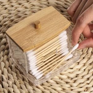 Porta Cotton fioc Coperchio In Bambù Organizzazione dispenser Bagno