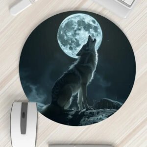Tappetino per Mouse Portatile Rotondo con Stampa Luna lupo Antiscivolo