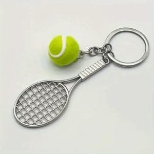 PORTACHIAVI AD ANELLO A FORMA DI RACCHETTA E PALLA DA TENNIS IN ACCIAIO INOX