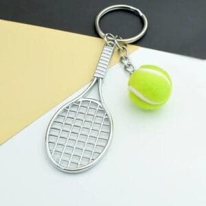 PORTACHIAVI AD ANELLO A FORMA DI RACCHETTA E PALLA DA TENNIS IN ACCIAIO INOX