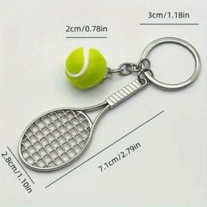 PORTACHIAVI AD ANELLO A FORMA DI RACCHETTA E PALLA DA TENNIS IN ACCIAIO INOX