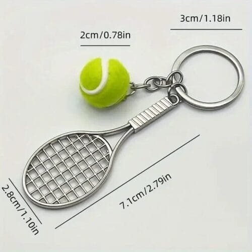 PORTACHIAVI AD ANELLO A FORMA DI RACCHETTA E PALLA DA TENNIS IN ACCIAIO INOX