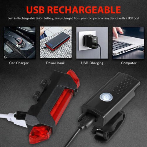 kit Set Completo Luci Bicicletta Avanti e Dietro Ricaricabile USB Faro Fanale