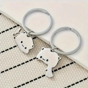 2 portachiavi per coppie in acciaio inossidabile con gattini romantici coppia
