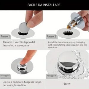 Tappo Lavandino Bagno Raccoglitore di Capelli Filtro a Scomparsa Anticorrosione