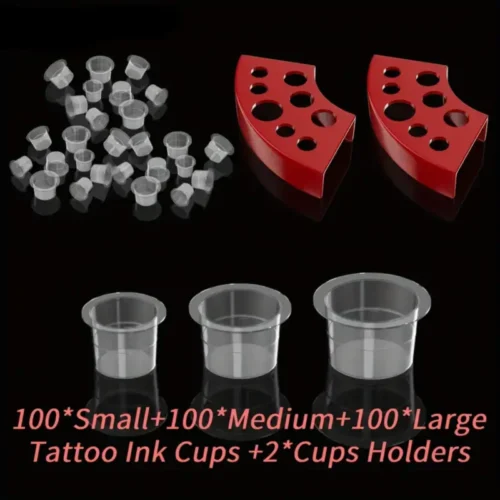 300 Cappucci per Inchiostro Tatuaggio + Contenitore Nero Tattoo Permanenti