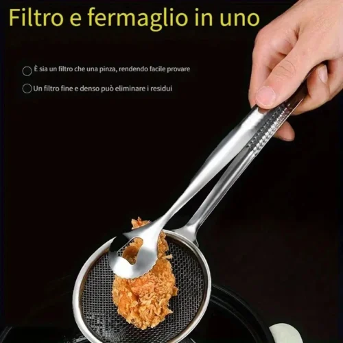 SCHIUMAROLA CON PINZA A RETE IN ACCIAIO INOSSIDABILE PER FRITTI FRITTURA CUCINA