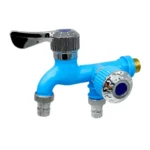 Rubinetto lavatrice blu plastica doppia uscita montaggio parete