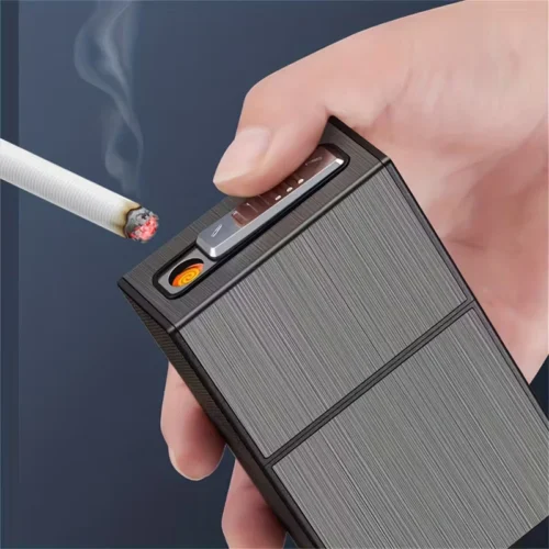 Accendino Ricaricabile Nero Portasigarette Antivento Impermeabile 20 Sigarette