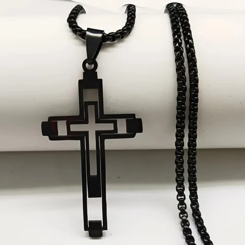 1pz ciondolo croce nero acciaio inox uomo donna accessorio elegante resistente