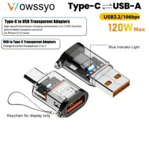 Wowssyo adattatore USB Type-C 120W 10Gbps luce blu iPhone tablet PC
