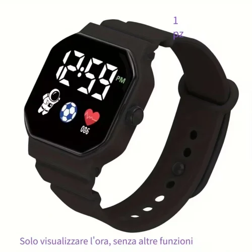 Orologio digitale NERO quadrato motivo calcistico cinturino resistente