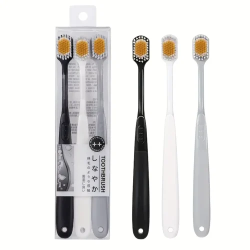 Set 3pz Spazzolini Giapponesi Testa Larga Setole Morbide Manico Ergonomico