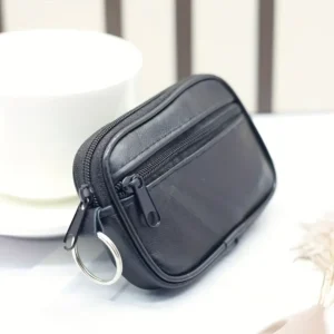 1x Portafoglio Uomo simil Pelle Nero Cerniera Portachiavi Compatto Minimalista