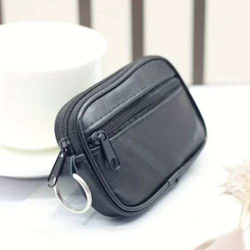 1x Portafoglio Uomo simil Pelle Nero Cerniera Portachiavi Compatto Minimalista