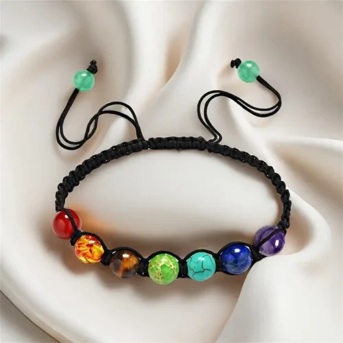 1x Bracciale Intrecciato Chakra Pietre Corda Nera Regolabile