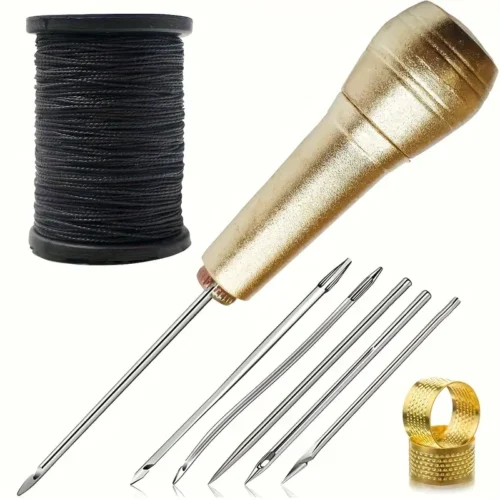 6x Punte cucito pelle manico lega filo nylon nero aghi