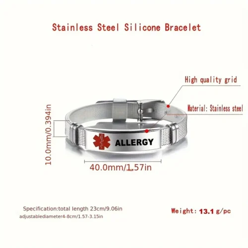 Bracciale diabete tipo 2 acciaio inox uomo rosso emergenza allarme