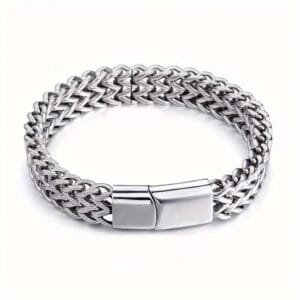 Bracciale uomo doppio strato acciaio inox maglia intrecciata moderno 21cm